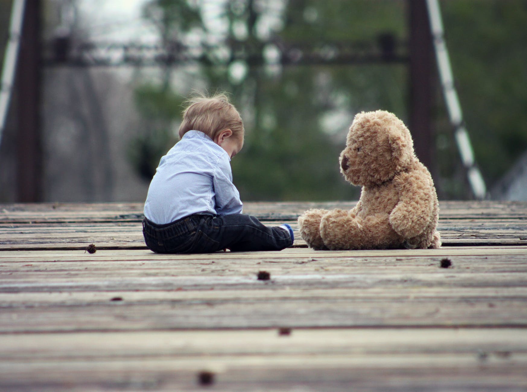 boy sitting with brown bear plush toy on selective focus photo